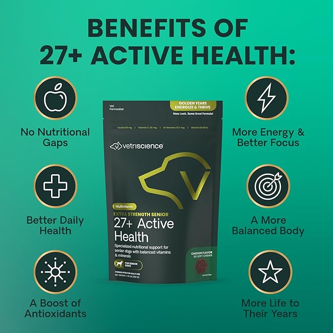 VetriScience Extra Strength Senior 27+ Active Health Chews, Golden Years Daily Multivitamin for Senior Dogs, Balanced Vitamins, Minerals, and Omega-3s, Aging and Wellness Support, Chicken, 60 Count