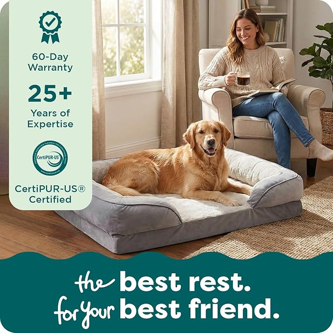 Furhaven Memory Foam Dog Bed for Large Dogs w/ Removable Bolsters & Washable Cover, For Dogs Up to 95 lbs - Plush & Velvet Waves Perfect Comfort Sofa - Brownstone, Jumbo/XL