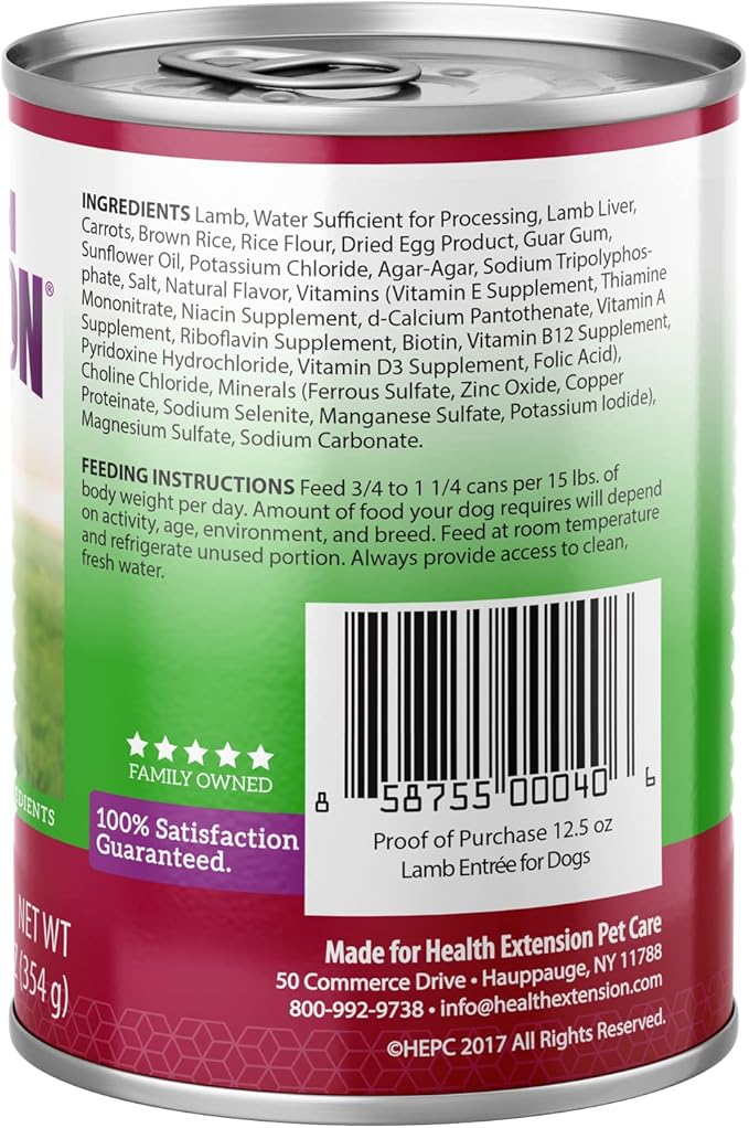 Health Extension Lamb Entrée Wet Dog Food, 12.5 oz – Protein-Rich Recipe, Hydration Support, Ideal for Sensitive Stomachs (Case of 12 Cans)