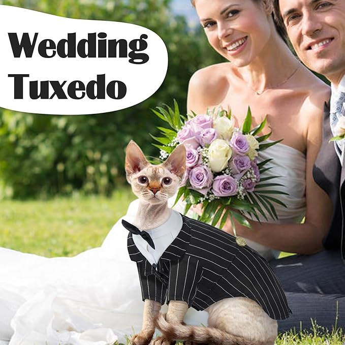 QBLEEV Cat Tuxedo Outfit, Formal Cat Suit Costume with Bow Tie, Sphynx Hairless Clothes for Cats Only, Kitten Wedding Birthday Party Attire Apparel for Male Boy, Cute Small Pet Gentleman Formal Wear