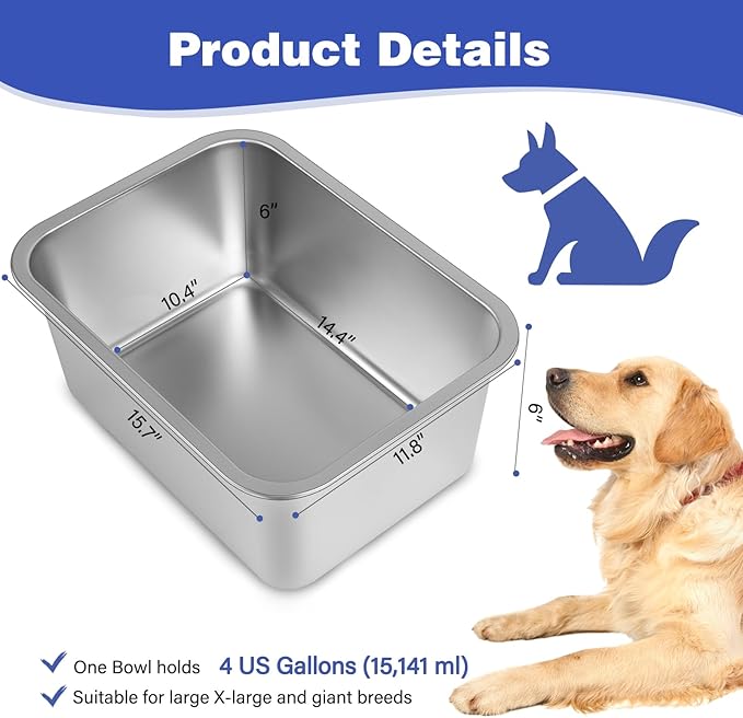 4 Gallons Large Dog Water Bowl, 2PCS Stainless Steel Metal Dog Bowls, Large Capacity Pet Food Bowl Water Dish for Indoor and Outdoor Universal for Giant Dogs 15.7x11.8x6 Inch