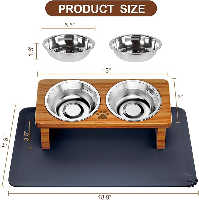 Elevated Cat Bowls with Silicone Mat, 15° Tilted Solid Wood Stand, Raised Stainless Steel Food & Water Dishes for Cats and Small Dogs, Anti-Vomiting Design(Teak)