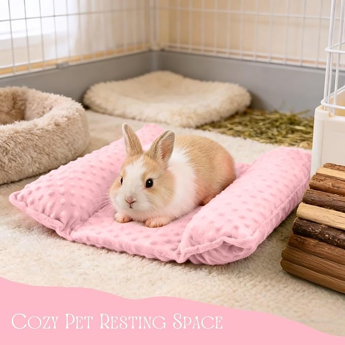 Rabbit Bed, Soft Dot Fleece Bunny Mat, 17x17In Small Animal Pillow for Guinea Pig, Reversible, Washable Pet Cushion Pastel Pink