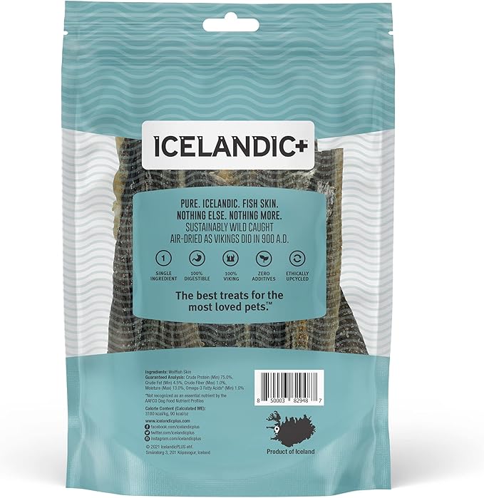 Icelandic+ Stick Chew Pieces: Wolffish - 3oz Bag, Pure Fish Skin Dog Treats, Wild-Caught & Air-Dried, Single Ingredient Pet Snacks, Just The Fish