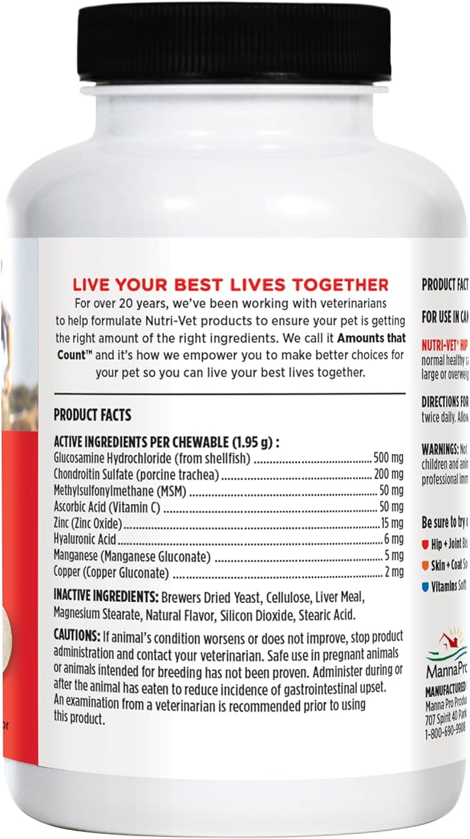 Nutri-Vet Extra Strength Hip & Joint Supplement for Dogs, Puppy Supplements, Dog Joint Supplement, Contains 500mg of Glucosamine, 200mg of Chondroitin, 50mg of MSM, Puppy Essentials, 120 Tablets