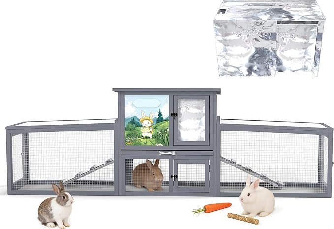 COZIWOW Large Wooden Rabbit Hutch Outdoor Indoor Bunny Cage, 2-Level Small Animal House Enclosure with All-Covered Sloped Roof (Grey with Warm)