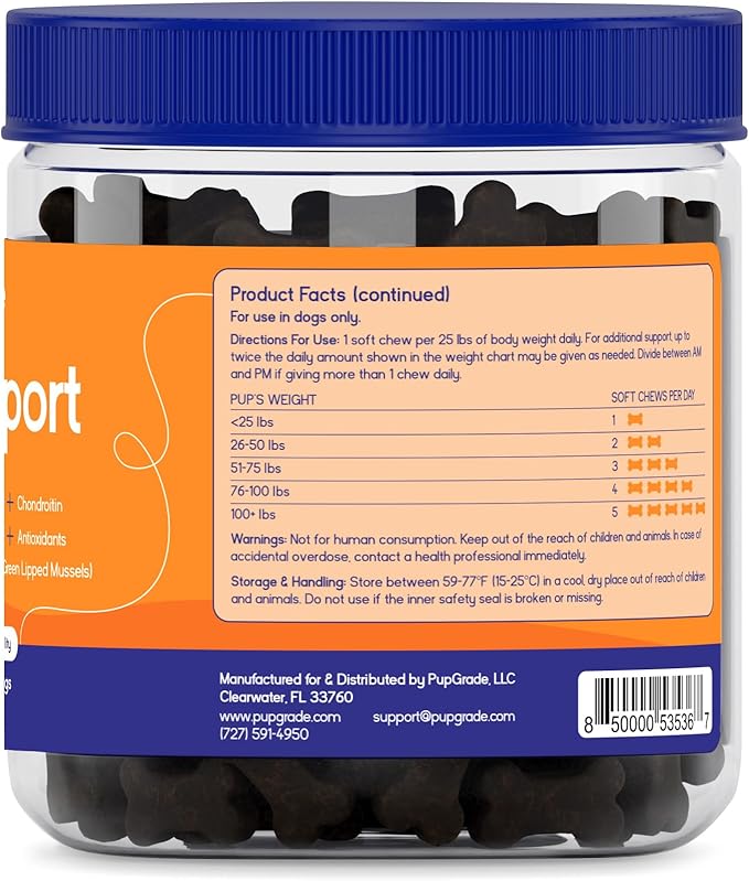 PupGrade Joint Support Supplement for Dogs - Glucosamine + Chondroitin with MSM and Perna - Supports Normal Hip & Joint Health for Occasional Discomfort, Peanut Butter Flavor - 360 Soft Chews