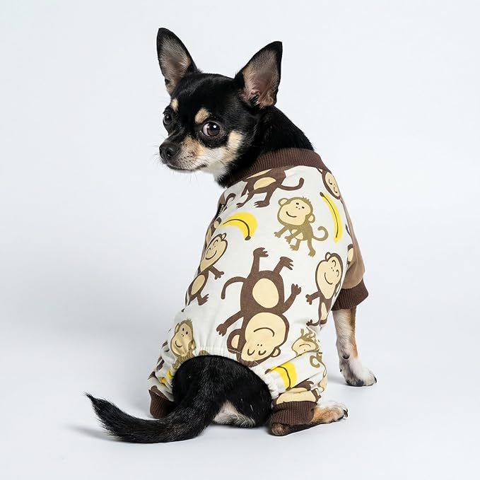 Fitwarm Monkey Dog Pajamas, Cute Dog Clothes for Small Dogs Boy Girl, Pet Onesie Clothing, 100% Breathable Cotton, Brown, Large