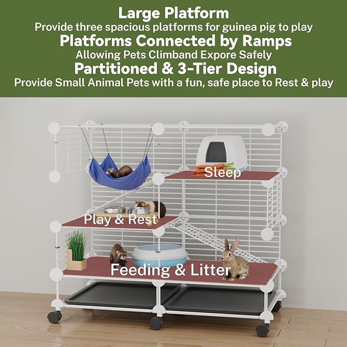 STILLCOVE Small Guinea Pig Cages Indoor: 3-Tier C&C Rabbit Cage Small Animal Cage on Wheel with Removable Tray for Bunny Hamster Ferret Rat Chinchilla Hedgehog