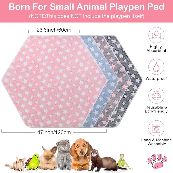 Preboun 4 Pcs 47 in Guinea Pig Playpen Pad Waterproof Hexagon Mat Reusable Dog Playpen Liner for Small Animal Rabbit Cage Tent Pee Pad Washable Yard Fence(Star)