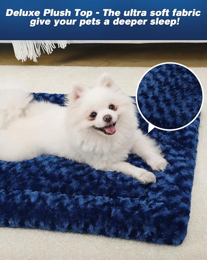 Washable Dog Bed Mat Dog Crate Pad Soft Fluffy Pet Kennel Beds Dog Sleeping Mattress for Large Jumbo Medium Small Dogs, 35 x 22 Inch, Blue