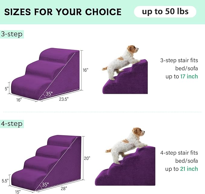 Mesa Lemon Dog Steps for Small Dogs, 3-Step Dog Ramp and Stairs for High Beds and Sofa, Non-Slip Pet Stairs Removable and Easy to Clean Cover, Purple