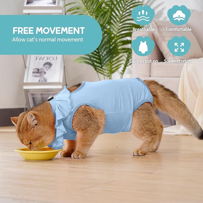 Avont Cat Recovery Suit - Kitten Onesie for Cats After Surgery, Cone of Shame Alternative Surgical Spay Suit with Ruffles for Female Cat, Post-Surgery or Skin Diseases Protection -Blue (M)