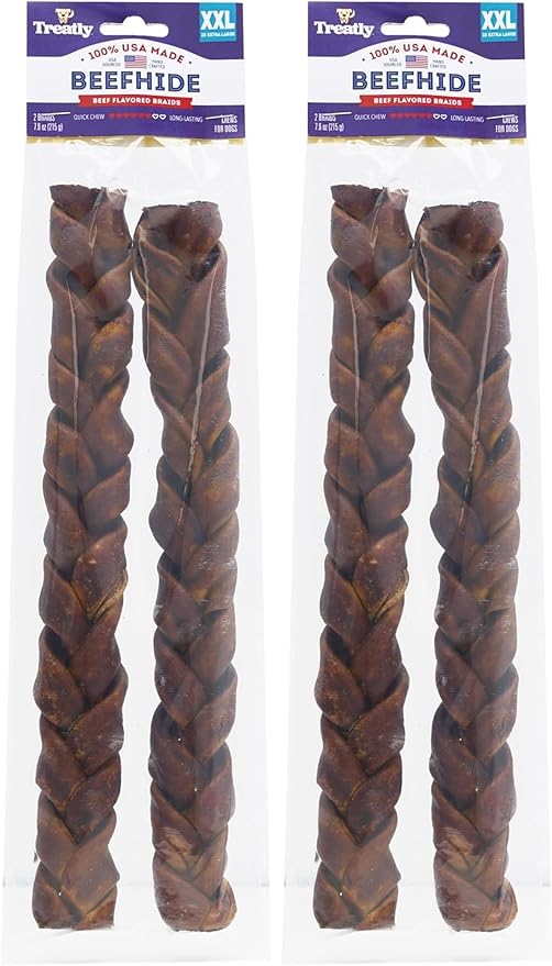 USA Beefhide Braids 12-13" Dog Chew Treats - Beef Flavor, 2 Count/2 Pack