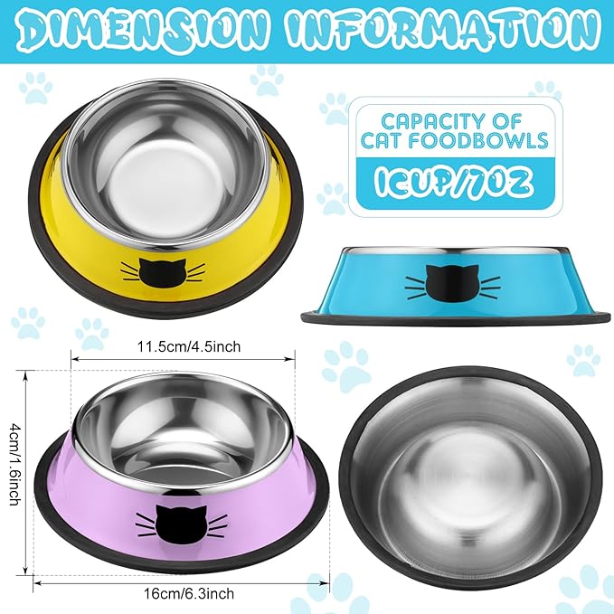 Amylove 6 Pcs Cat Bowls for Food and Water Cat Dishes Stainless Steel Pet Food Bowls 7 oz Anti Slip Metal Pet Dish with Removable Rubber Base Thick for Feeding Indoor Kitten Small Dog (Rainbow Color)