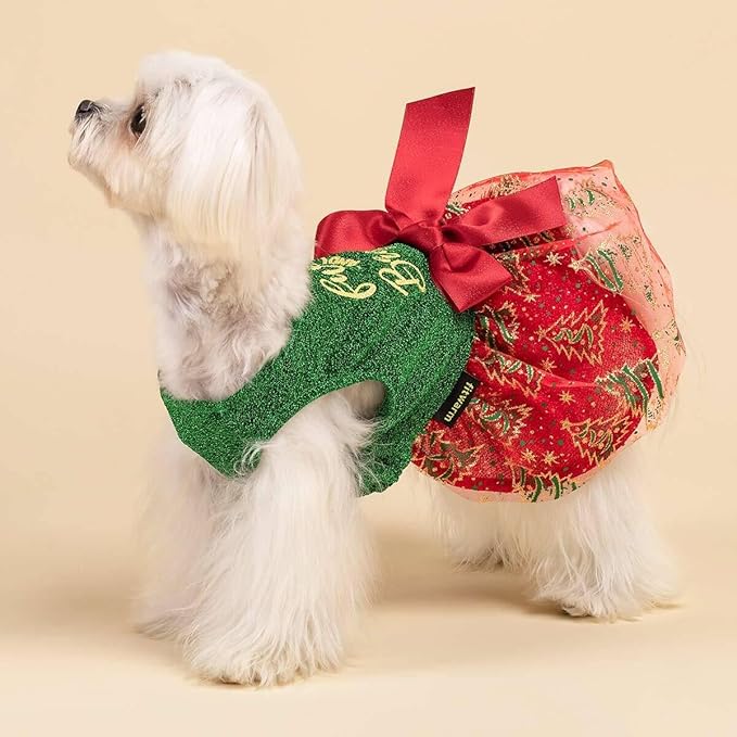 Fitwarm Furry and Bright Dog Christmas Outfit, Sparkly Pet Holiday Tulle Dress, Winter Clothes for Small Dogs - Girl, Christmas Tree Outfit - Red, Green, Golden, Medium