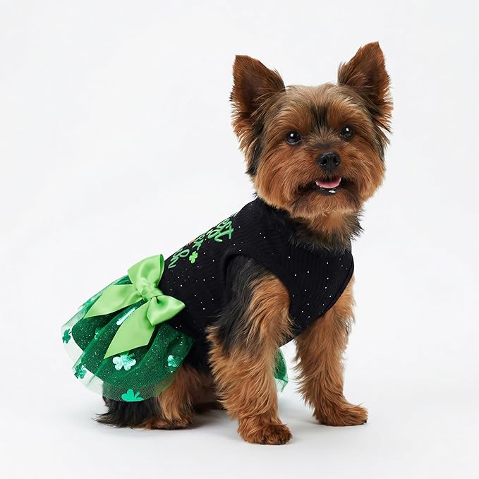 Fitwarm Cutest Clover in the Patch Dog Dress, St Patricks Day Dog Clothes for Small Dogs Girl, Funny Pet Cat Puppy Holiday Outfit, Black, Emerald Green, XXS