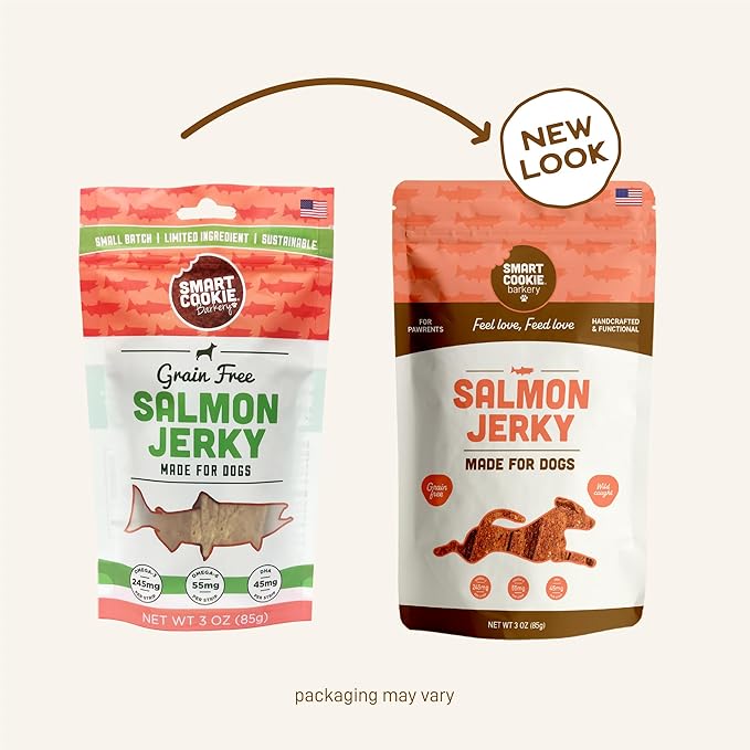 Smart Cookie Salmon Jerky Dog Treats - DHA, Omega Strips for Dogs & Puppies with Allergies, Sensitive Stomachs with Wild Caught Alaskan Salmon- Dehydrated, Grain Free, Made in USA - 3oz Bag, Pack of 3