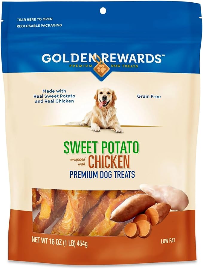 Golden|Rewards Dog Treats, Sweet Potato Wrapped with Chicken, 16 oz, Natural Chews for All Dog Sizes, Real Chicken Breast, Grain-Free, Low Fat, Great for Training, Healthy Daily Snack