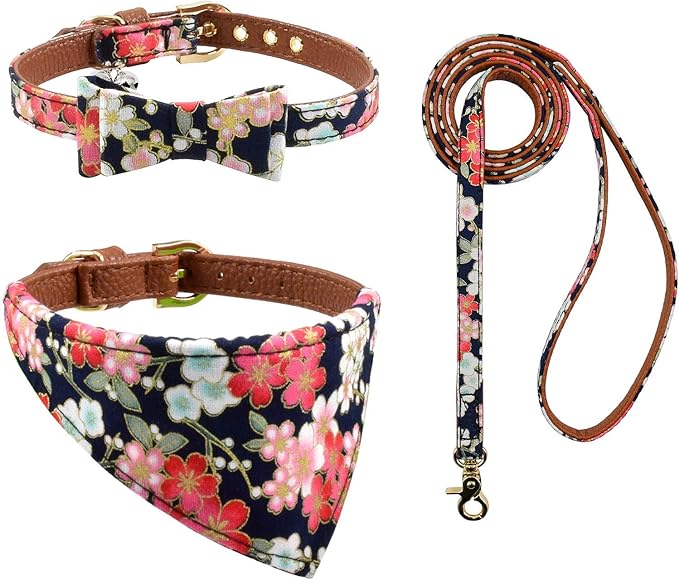 3PCS Bow Tie Dog Collar and Leash Set Plaid/Camo/Dots/Flower Dog Bandanas with Bell 3 Size Adjustable for Small Dogs Puppies and Cats (XS, Black Flower)