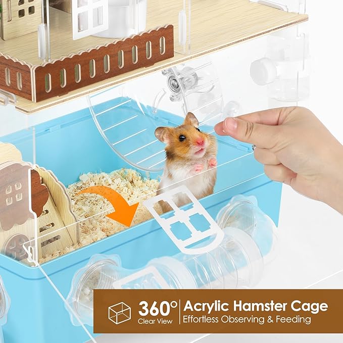 Large Hamster Cage 2 Tier Acrylic Hamster Habitat with Hideout & Running Wheel Blue Dwarf Hamster House for Dwarf Gerbils Syrian Hamsters, Blue, 13.3''L* 9.8''W* 17.4''H
