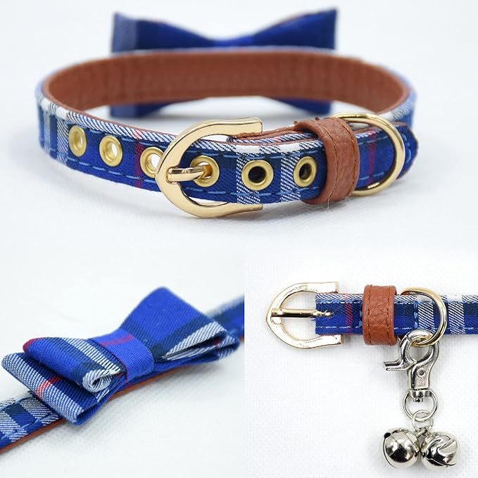 3PCS Bow Tie Dog Collar and Leash Set Plaid/Camo/Dots/Flower Dog Bandanas with Bell 3 Size Adjustable for Small Dogs Puppies and Cats (XS, Blue Plaid 2)