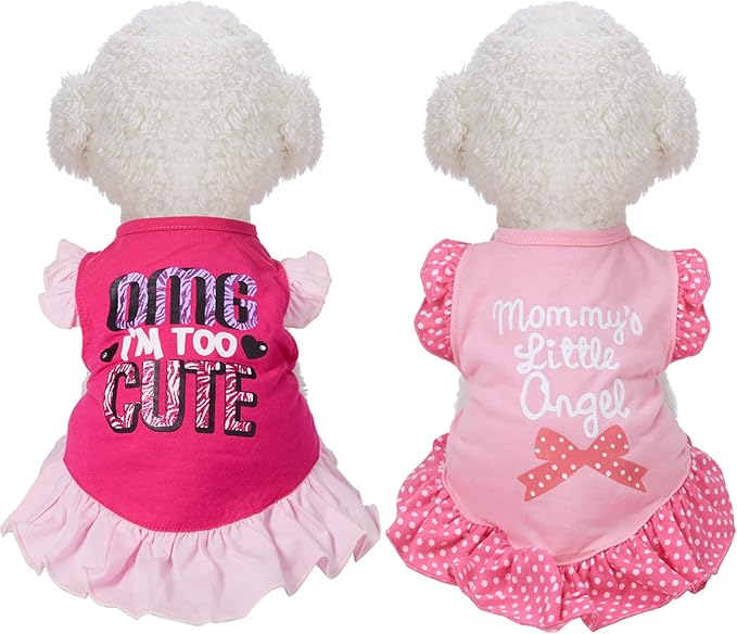2 Pieces Dog Dresses for Dogs Cute Girl Female pet Dress Mommy Puppy Shirt Skirt Dresses Pet Summer Clothes Apparel for Cats(OMG and Angel,Small)