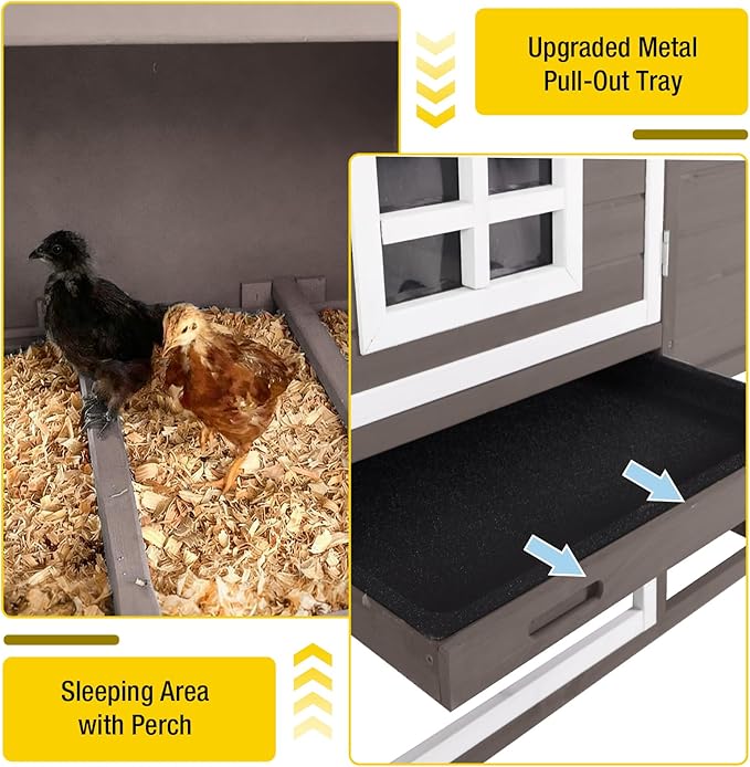 Wooden Chicken Coop, Large Chicken Tractor with Wheels, Weatherproof Hen House with Nest Box and Removable Tray, Mobile Poultry Hutch for 2-4 Chickens, Rabbits & Ducks (Brown)
