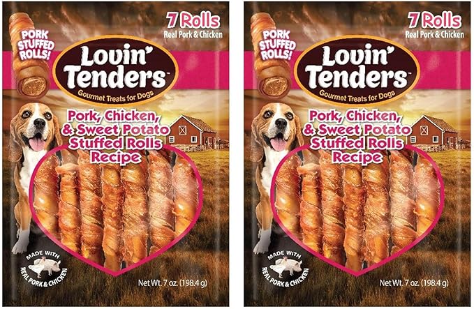 Lovin Tenders Pork Chicken & Sweet Potato Stuffed Rolls Dog Treats (2 Pack - 7 oz per Pack)
