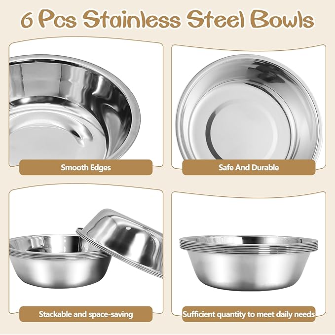 kathson 6 PCS Small Stainless Steel Dog Bowls, Replacement Metal Puppy Food Water Bowl Set Suit for Indoor Outdoor, Pet Feeding Dish for Small Animals Kitten, Dishwasher Safe (4.3 in)