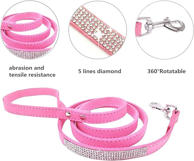 THAIN Rhinestones Personalized Dog Cat Collar and Leash Combo Set Bling Diamond with Engraved Stainless Steel Nameplate for Small Medium Large Dogs (XS, Black Set)