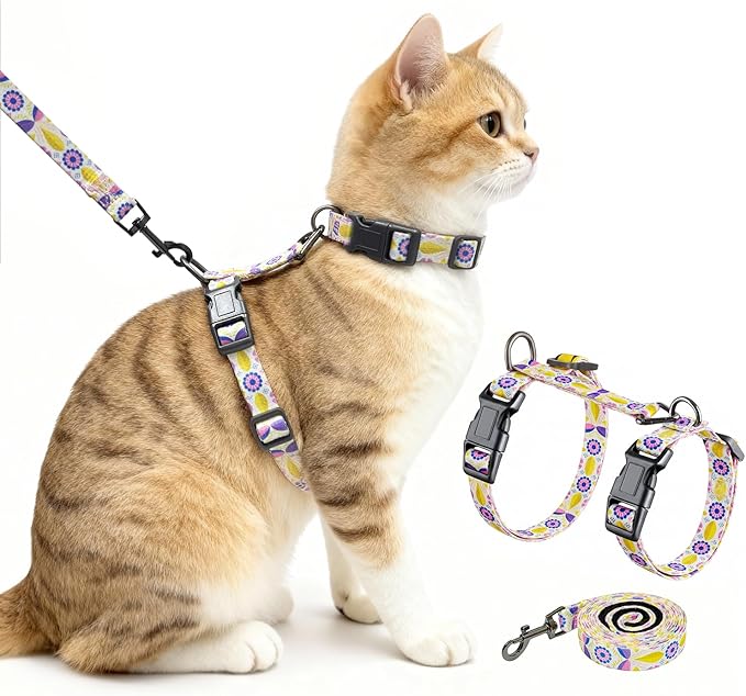 Halypet Cat Harness and Leash Set, Escape Proof 3-in-1 Adjustable Harness for Cats & Kitten, Soft Lightweight, Easy On & Control for Walking, Travel & Outdoor Use, Pastel Floral, Small