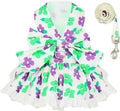 ABRRLO Dog Harness Dress Leash Set for Small Dog Summer Clothes Girl Female Puppy Cats Outfits Cute Floral Bowknot Princess Birthday Dress for Extra Small Pet Doggie Kitten Outfits Apparel(Green,L)