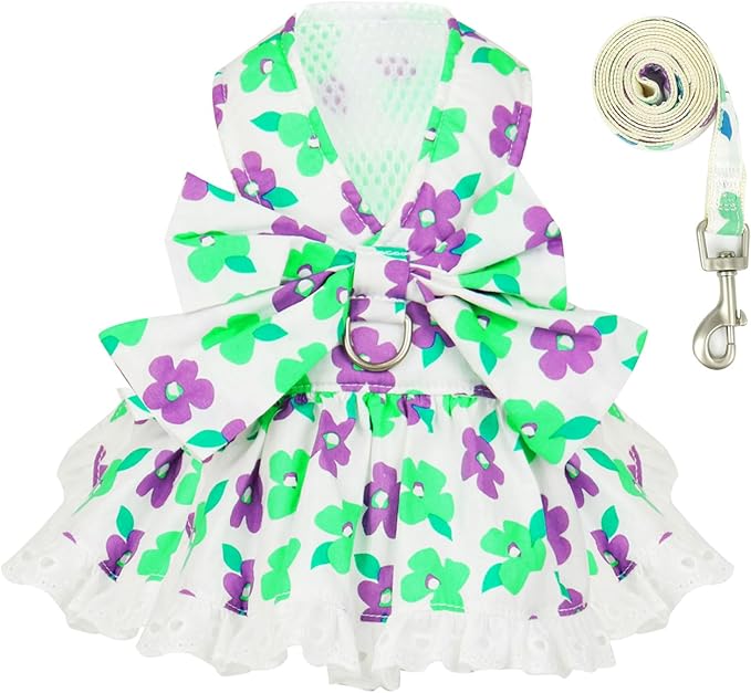 ABRRLO Dog Harness Dress Leash Set for Small Dog Summer Clothes Girl Female Puppy Cats Outfits Cute Floral Bowknot Princess Birthday Dress for Extra Small Pet Doggie Kitten Outfits Apparel(Green,XS)