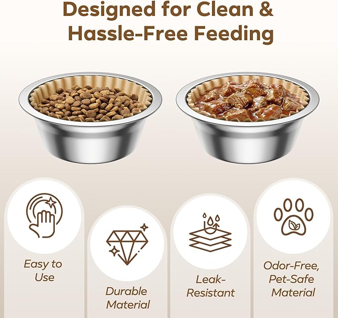 300 Pcs Disposable Pet Food Bowl Liners Bulk, Small Paper Cat Dishes, Dog Feeding Plate for Dry and Wet Food, Animal Feeding Station, Leak-Resistant Meal Mats, Brown, 4 x 1.2 Inch