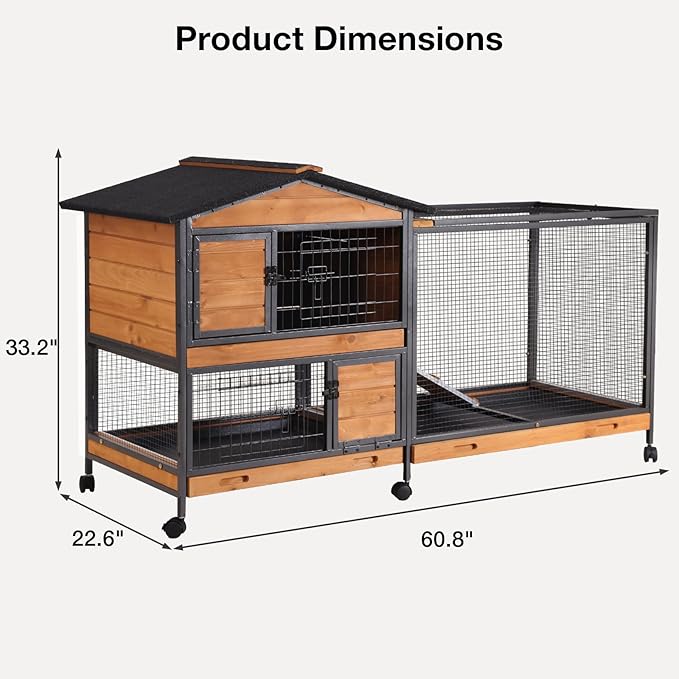Rabbit Hutch Indoor/Outdoor Bunny Cage with 6 Wheels 2 Story 2 Trays Rabbit Cage Chew-Proof Ramp and Metal Frame – Ideal for Guinea Pig Cage