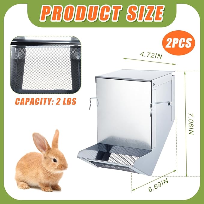 Maxcheck 2 Pcs Rabbit Feeder for Cages Small Animal Food Pellet Dispenser with Lid Metal Chicken Grit Oyster Shell Squirrel Feeders Outside(4.7 Inches,Mesh Bottom,Silver)