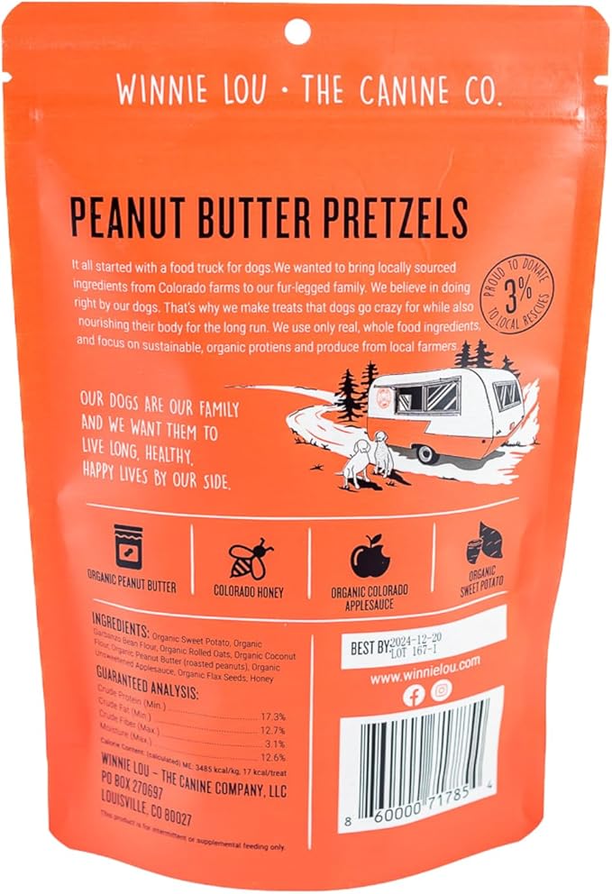 Winnie Lou Organic Dog Treats – Natural Dog Biscuits, USA Made, Organic Ingredients, Clean, Sensative Stomach, All Breed Sizes, High Protein, Hypoallergenic, Peanut Butter Pretzels (Pack of 2)
