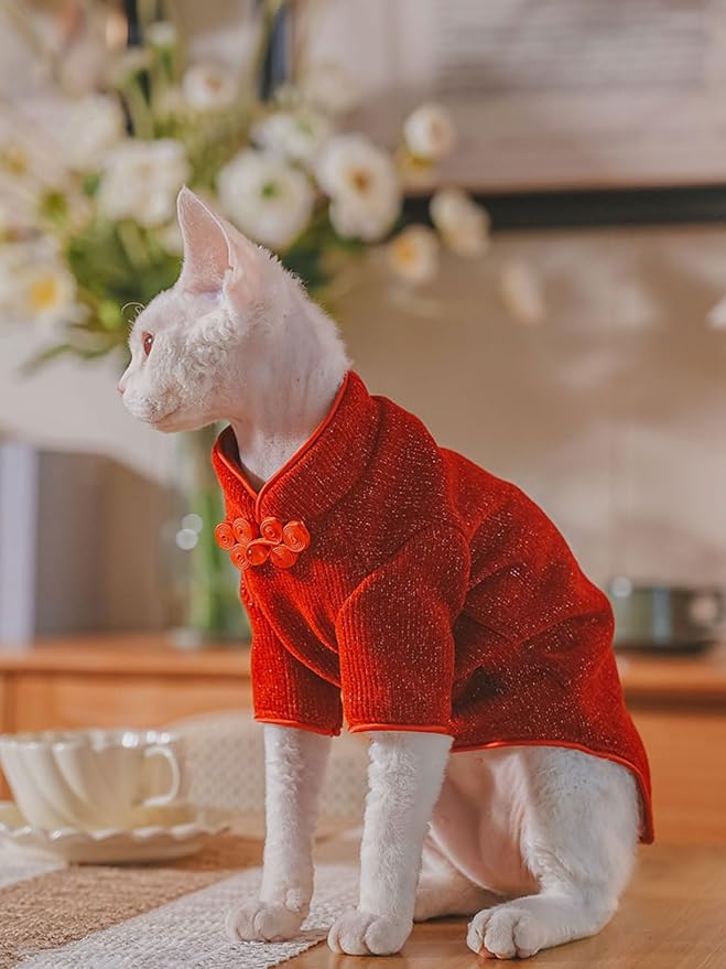 Kitipcoo Traditional Culture Sphynx Hairless Cat Cotton T-Shirts Cat Clothes Pet Sweater Cat Vest Kitten Shirts for Cats & Small Dogs Apparel (Red Chi-Pao, L (7.5-8.8 lbs))