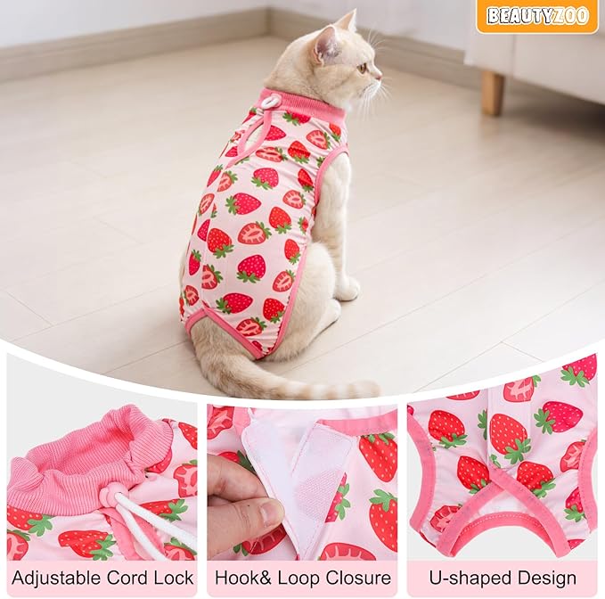 BEAUTYZOO 2 Pack Cat Recovery Suit, Cat Onesie for Cats After Surgery Female Male, Kitten Spay Neuter Surgical Recovery Body Suit Cone of Shame Alternative, Anti Lick Pet Anxiety Vest,Strawberry,XS