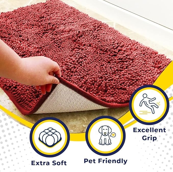Muddy Mat® | Super Absorbent Door Mat Indoor, Microfiber Quick Dry Chenille Entryway Rug, Non-Slip Front Door Mat, Indoor Mats for Entryway, Machine Washable Pet Rug, Red 36"x72"
