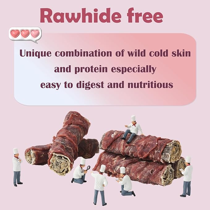 ASMPET Dog Cod Skin Treats, Duck Wrapped Cod Skin Sticks, Rawhide Free Dog Treats Chews Bones, Extra Large