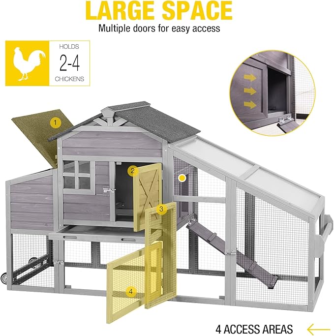Chicken Coop Outdoor Wooden Poultry Cage with Waterproof Roof, Nesting Box, Pull Out Tray, Mobile Hen House for 2 4 Chickens, Large Chicken Tractor with Wheels (Grey)