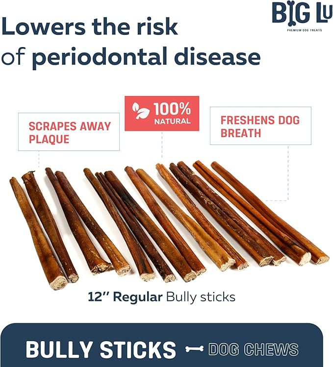 Big Lu - 12” Bully Sticks, 12 Count, Long-Lasting, 100% Grass-Fed Beef Chews for Medium and Large Dogs, Natural Single-Ingredient Fully Digestible Treats, Perfect for Aggressive Chewers