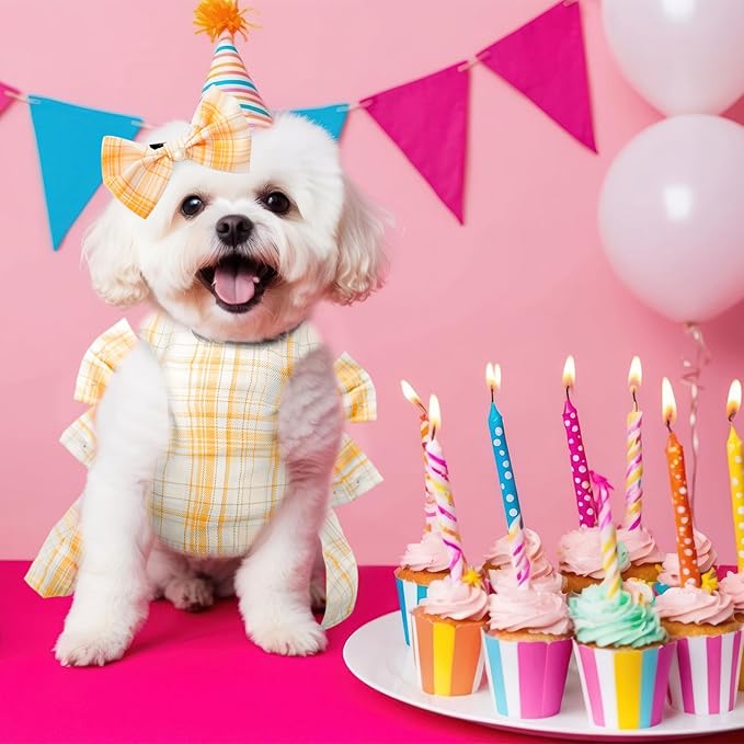 PETCARE Cute Dog Dress Clothes for Small Dogs Cats Girl Female Yellow Plaid Bow Tie Dog Harness Dresses Leash Set with Pearls Bow Accessories Birthday Puppy Dress Shih Tzu Yorkies Chihuahua Outfits