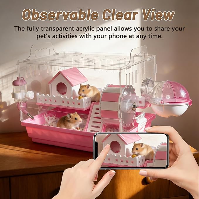7-in-1 Acrylic Hamster Cage with All Accessories - Double Layer Hamster House with Transparent Viewing, Chew-Proof Small Pet Mice Enclosure Cage for Dwarf Syrian Gerbils, 14*11*10in (Blue)