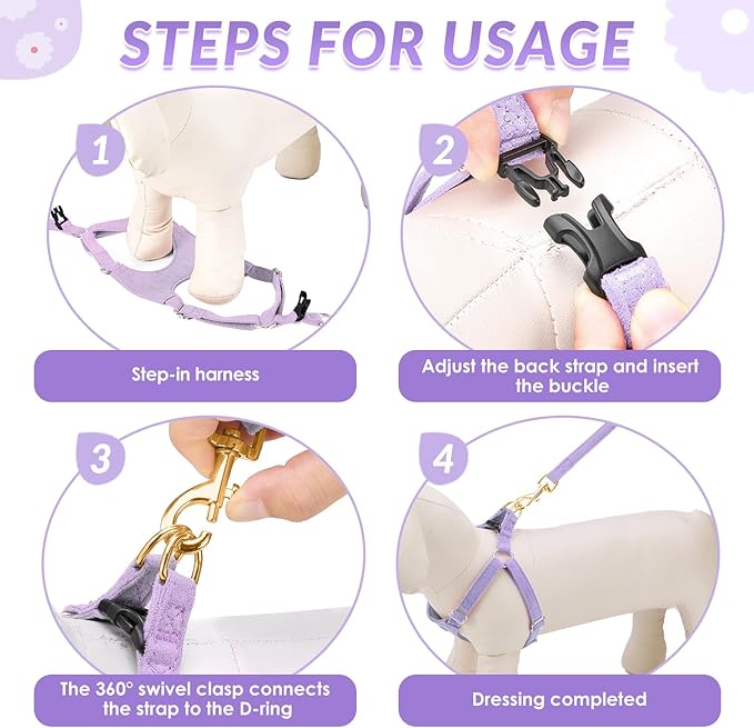 SlowTon Dog Harness Small Sized Dog - Soft XXS Dog Harness and Leash Set No Pull No Chock, Adjustable Lightweight Puppy Harness for XS Small Medium Dogs Cats (Solid Purple, S)
