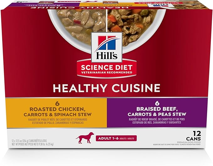 Hill's Science Diet Healthy Cuisine, Adult 1-6, Great Taste, Wet Dog Food, Variety Pack: Roasted Chicken, Carrots & Spinach; Braised Beef, Carrots & Peas Stew, 12.5 oz Can Variety Pack, Case of 12