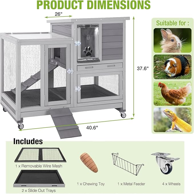 Gutinneen 2-Story Rabbit Hutch Indoor Wooden Bunny Cage with Removable Wire Mesh Floor, Chew-Proof Ramp, Lockable Wheels, Pull Out Trays for 1-2 Rabbit, Guinea Pig, 40.6" L x 26" W x 37.6" H