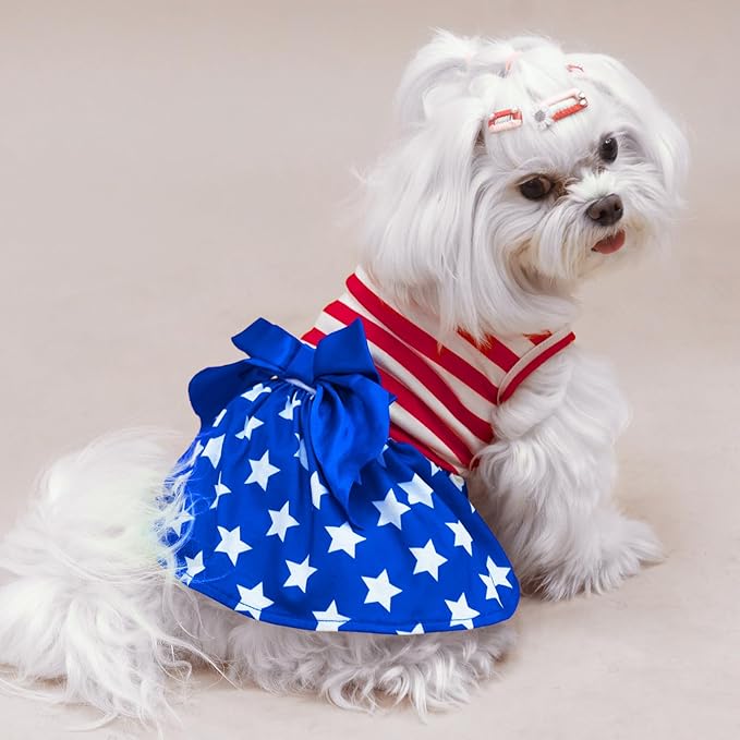 PUPTECK Print Dog Dress Pet Apparel for 4th of July with Cute Bowtie Puppy Clothes Outfit, Flag, XS